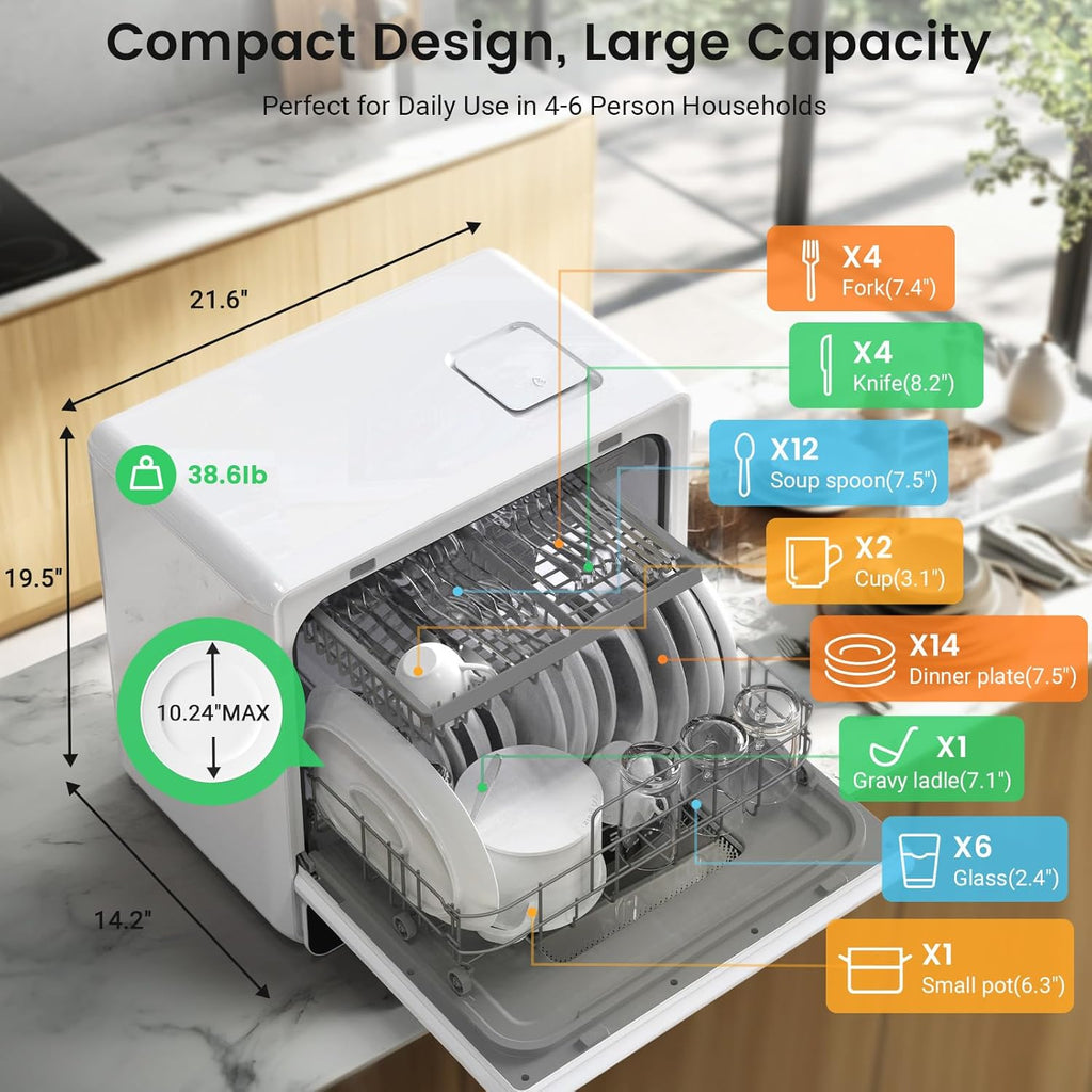 WiFi Countertop Portable Dishwasher, Smart 9 Programs, 167℉ High-Temp, 360° 3Spray, 24H Timing, Hot Air Drying