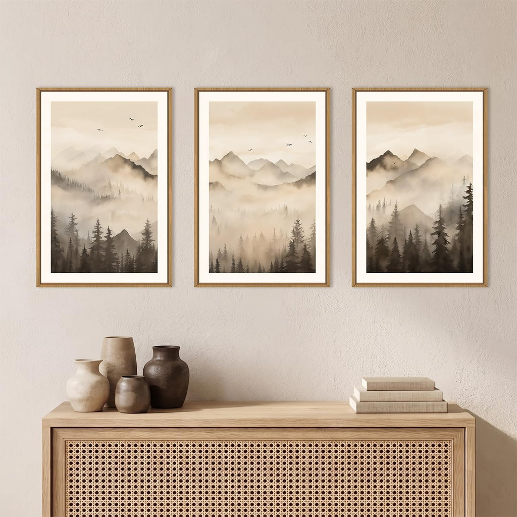 Neutral Misty Mountain Forest Framed Canvas Wall Art-16"x24"x3
