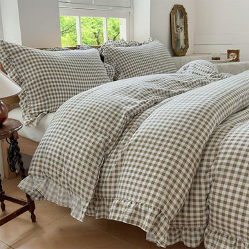 Tan Gingham Ruffle Duvet Cover, 3 Pieces Taupe Soft Pre-Washed Microfiber Checked Plaid Comforter Cover Set