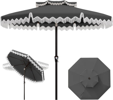 9ft Patio Umbrella with Fringe Tassels, Wind-Resistant Fiberglass Ribs - Grey