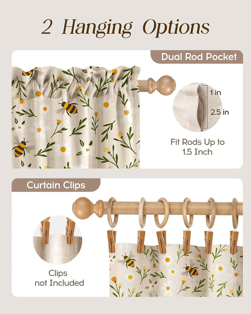 Bee Kitchen Tier Curtains - Linen Blend Country Cafe Curtains Farmhouse Small Window Treatments Over