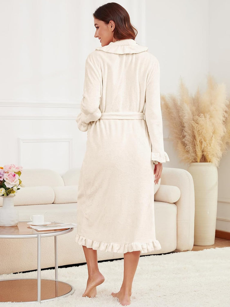 Women's Long Fleece Robe Plush Fluffy Fuzzy Ruffle Bath Robe Warm Loungewear