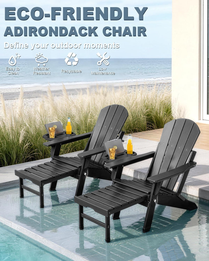 Adjustable Adirondack Chair Set of 2 with Retractable Ottoman, Black | Folding HDPE Chair with Multifunctional Cup