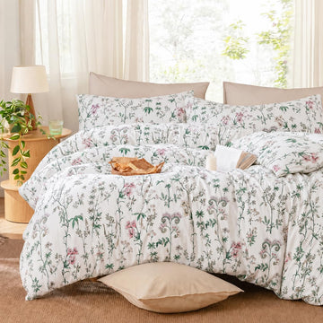 100% Cotton Duvet Cover - Pink Green Floral Duvet Cover Set, 3 Pieces Soft Breathable Duvet Cover with