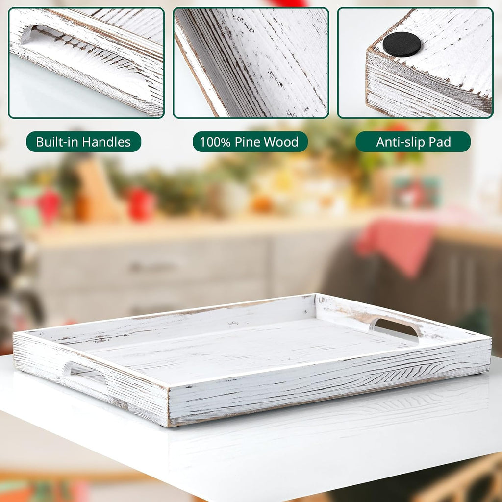 17 Inch Rustic White Serving Tray with Handles - Large Wooden Tray for Ottoman