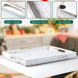 17 Inch Rustic White Serving Tray with Handles - Large Wooden Tray for Ottoman