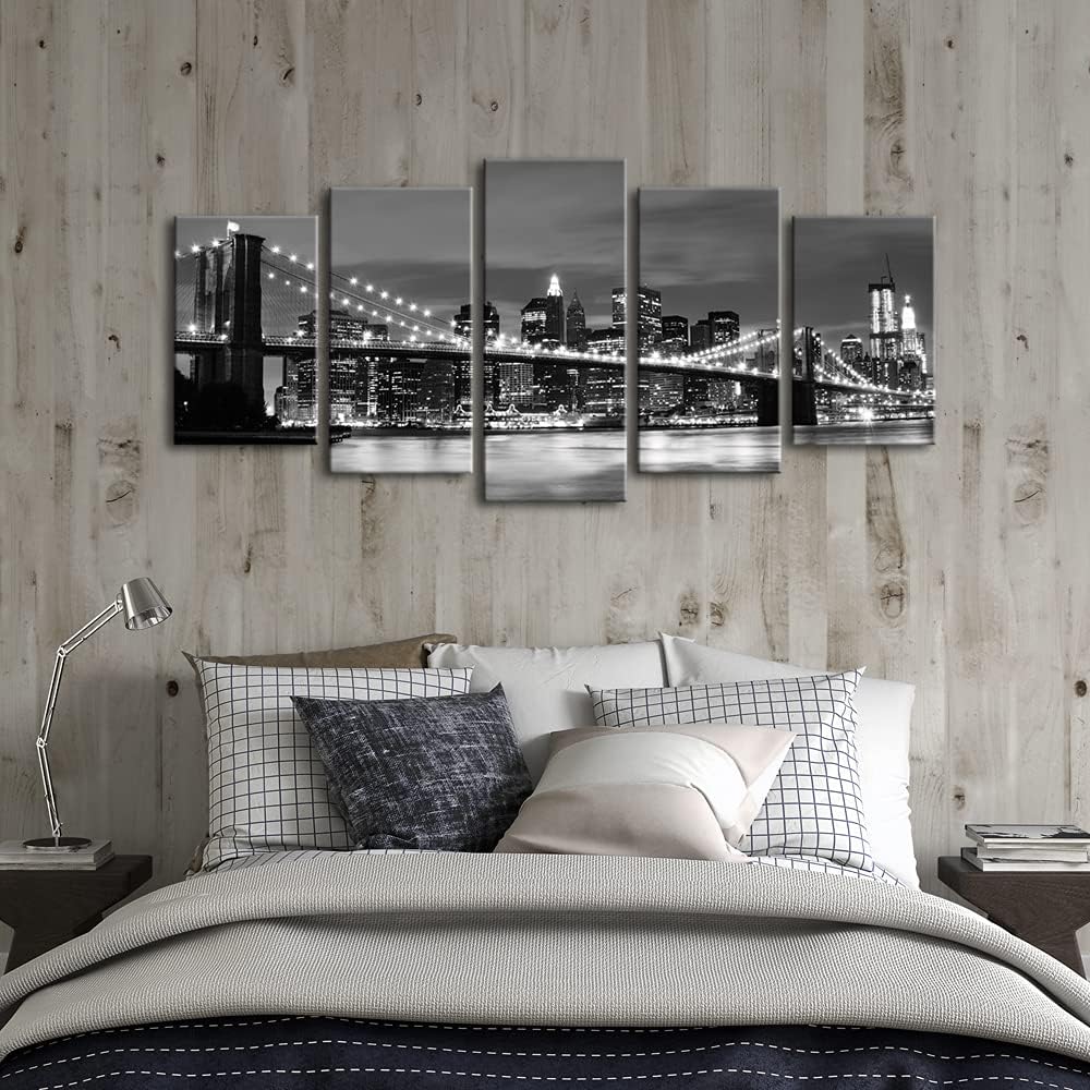 New York Brooklyn Bridge Canvas Wall Art Night View 5 Panels Modern Landscape Artwork Canvas Prints Abstract Pictures - Set of 5