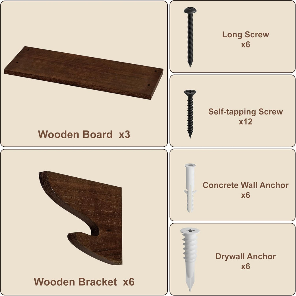17-Inch Wood Floating Shelves for Wall 3-Pack, Light Walnut | Built-in hook brackets, pre-drilled easy assembly, 54