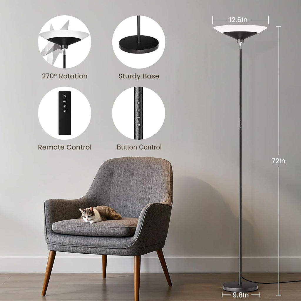 Torchiere Floor Lamp - 72" Tall LED Standing Lamp with Remote/Button Control, 1800Lm, 3000-6500K