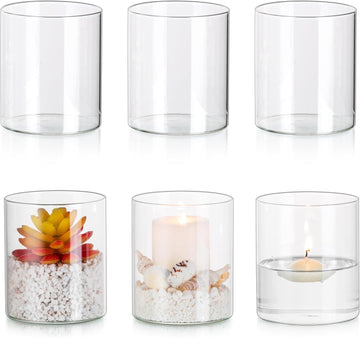 Hurricane Glass Candle Holder Set of 6, Cylinder Clear Candle Holders for Pillar Candles, Modern Cylinder Vases for