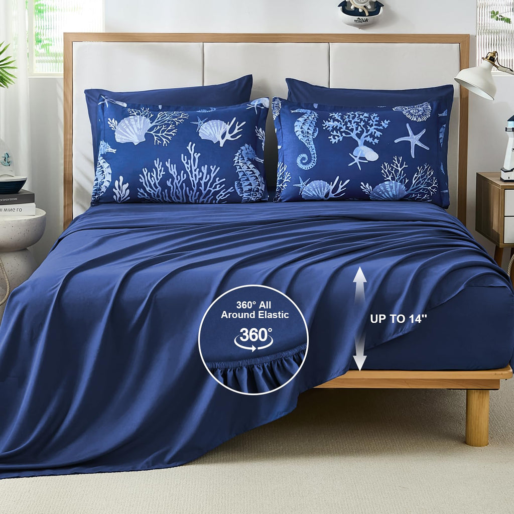 Coastal Queen Size Comforter Set 7 Piece, Soft Beach Themed Comforter Ocean Nautical Navy Bedding Sets for All Season