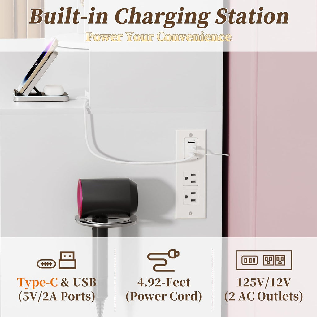 Makeup Vanity Desk with Lights, Mirror and Jewelry Storage, White | USB-C Charging, Rotating Jewelry Organizers, 3