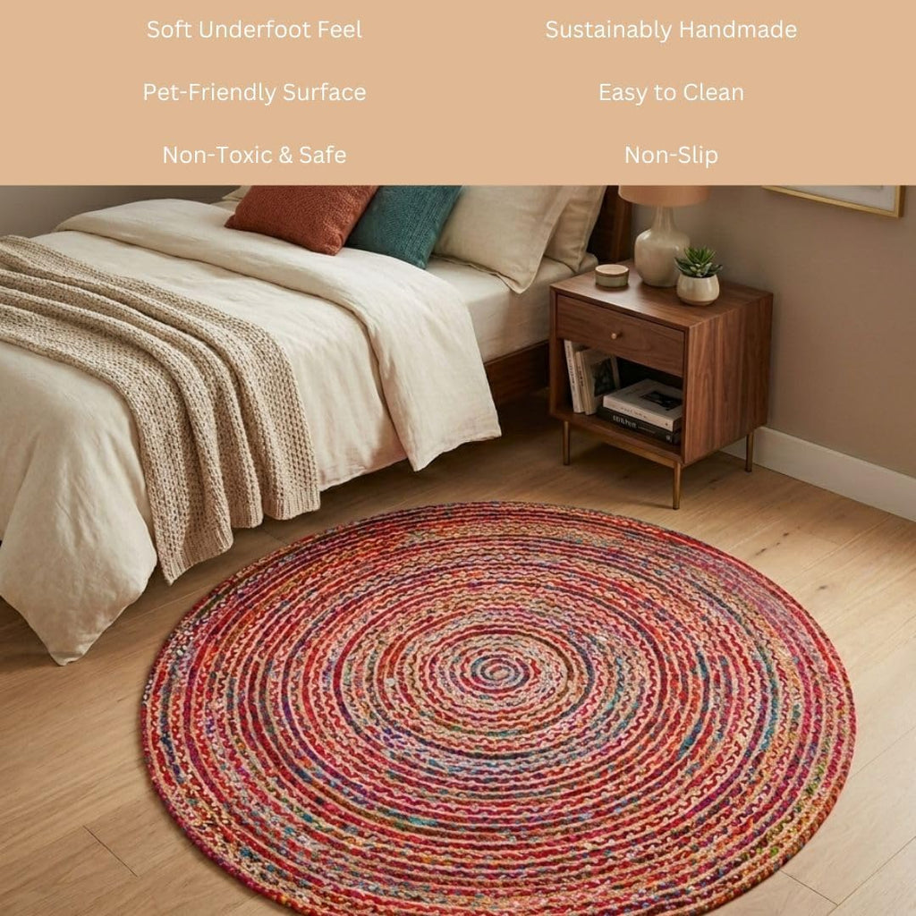 WeWove Hand Woven Area Rug 6 Feet Round - Jute Cotton Area Rug Rustic Farmhouse Boho Accent Rug Bedroom Kitchen Dorm