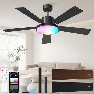 Smart Ceiling Fan with Lights, 52'' RGBCW Ceiling Fan with Lights and Remote App Voice Control, Reversible DC Motor
