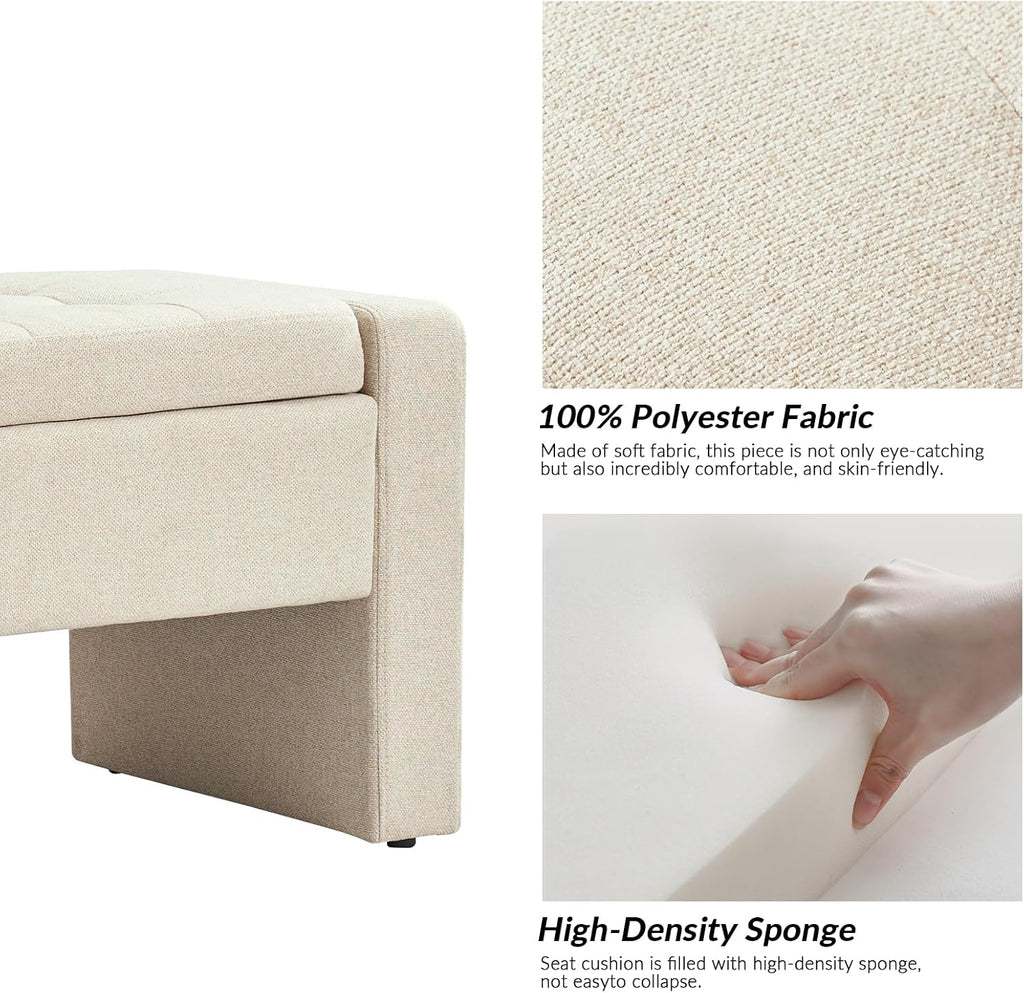 55" Modern Upholstered Storage Bench with Tufted Seat, Fabric Ottoman Bench , or Living Room, Soft Close Hinge,Linen