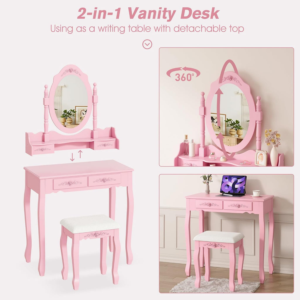Vanity Desk Set with Mirror & Stool for Girls, Pink | Makeup Vanity Table and Cushioned Stool Set with 4 Drawers