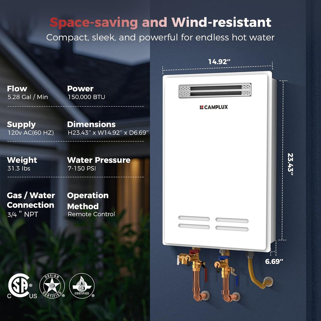 Climatech 5 Tankless Water Heater Propane Outdoor, 5.28 GPM Up to 6.4 GPM, 150, 000 BTU