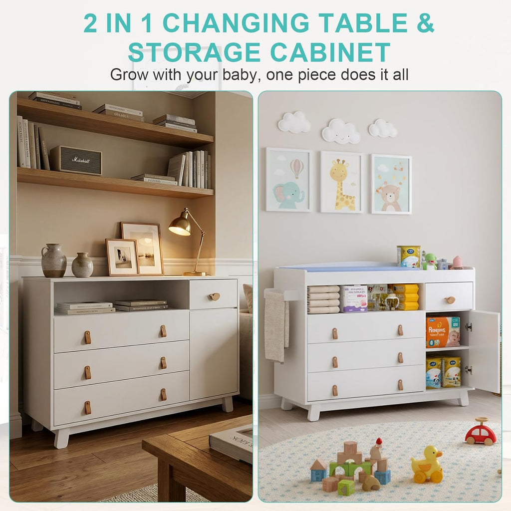 Baby Dresser with Changing Table Top, Baby Changing Table Dresser with 4 Drawers and Adjustable Shelves