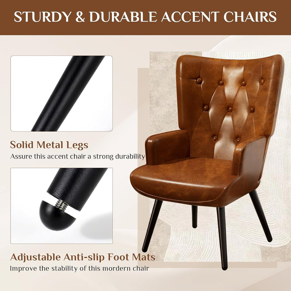 Accent Chairs Set of 2 Upholstered PU Leather Living Room Chairs | High Back Mid Century Modern Accent Armchair