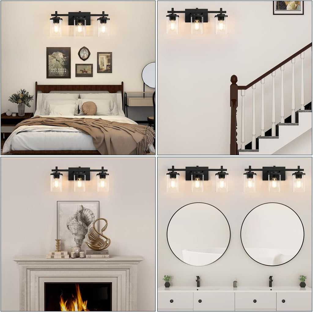3-Lights Bathroom Vanity Light Fixtures, Modern Black Vanity Lights Over Mirror with Clear Glass Shade , Wall Mounted