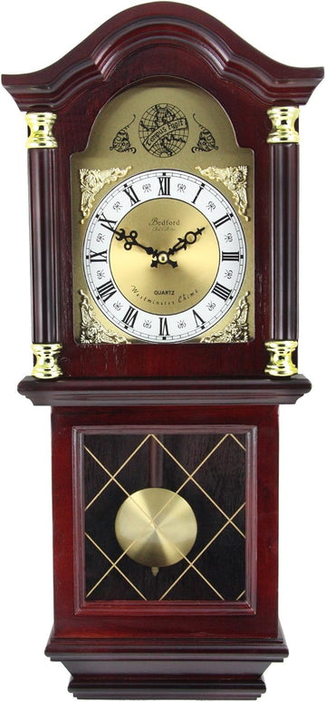 Bedford Clock Collection Antique Mahogany Cherry Oak Chiming Wall Clock with Roman Numerals, 26" L