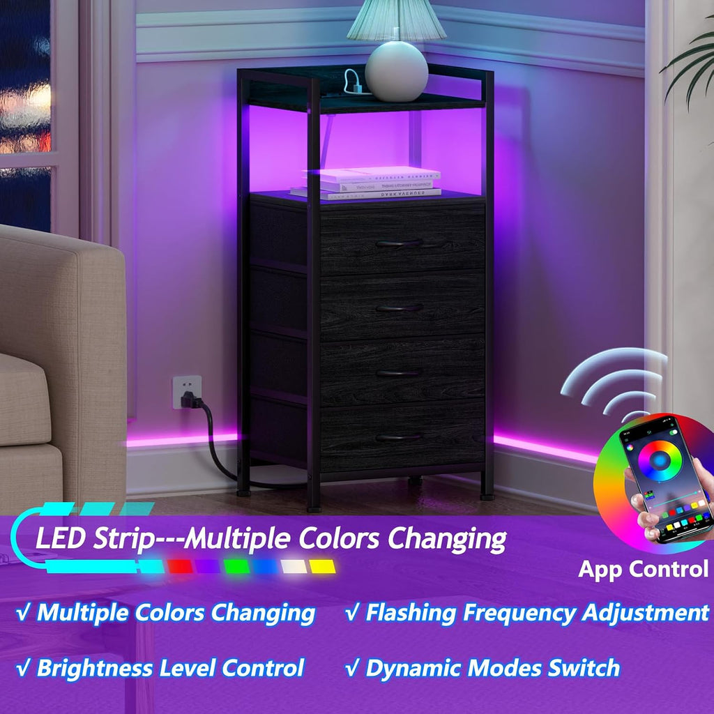 Night Stand with Charging Station, Black Nightstand with Drawers and Led Light, Tall Dresser , Bedside Table with