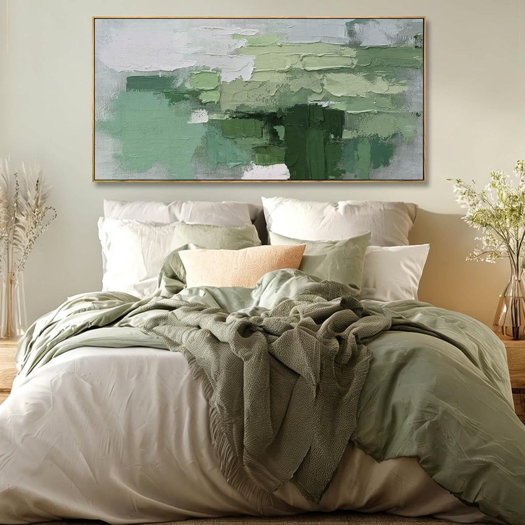 Green Abstract Textured Canvas Prints 24x48 Inch, Large Framed Wall Art with Wooden Frame, Modern Nature Home