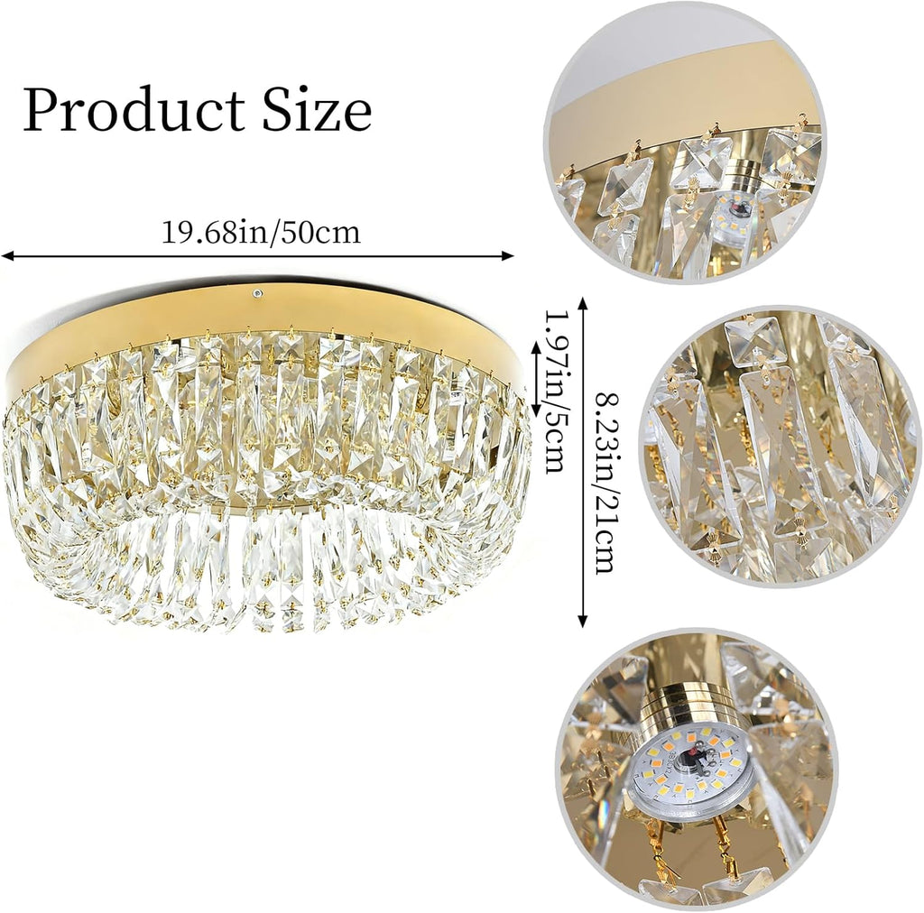 Luxury Gold Crystal Chandelier Flush Mount Ceiling Light, 19.7" Modern LED Lighting Fixture for Bedroom Kitchen