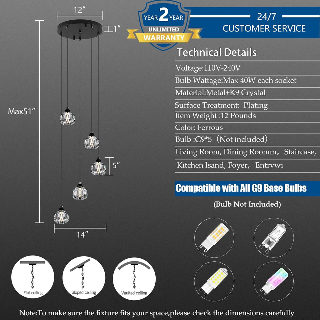 Crystal Chandeliers for Dining Room Lights Fixture Over Table, 5-Light Black Modern Pendant Light Fixture_Crystal Chandeliers for Living Room Kitchen Island Staircases Foyer Hallway Bar