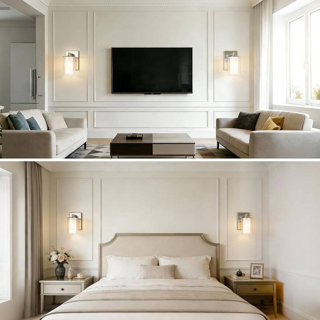 Wall Sconces Set of Two, Modern Brushed Nickel Vanity Wall Lights | Double Clear Glass Shades With E26 Base