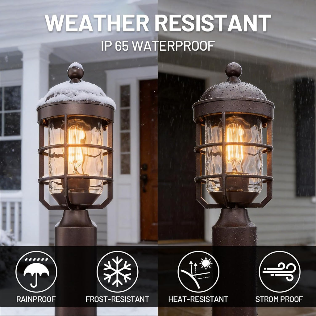 Outdoor Post Lights Lamp Post Light Fixture with Water Ripple Glass Industrial Lantern Cage