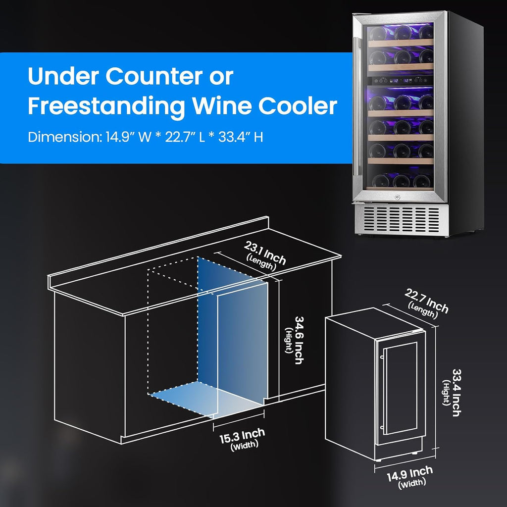 Wine Fridge 15" Wine Cooler Under Counter Beverage Refrigerator Beer Mini Fridge 28 Bottles Dual Zone Built