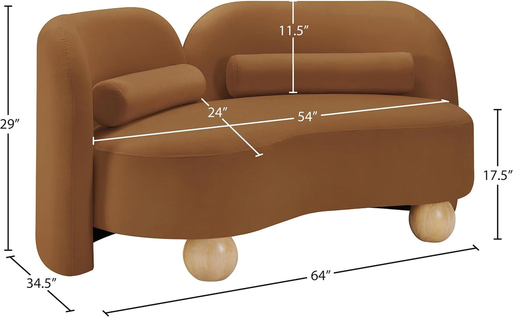 44002Saddle-L Daphne Collection Art Deco Loveseat with Rich Saddle Velvet Fabric, Solid Wood Ball Legs, Solid Wood