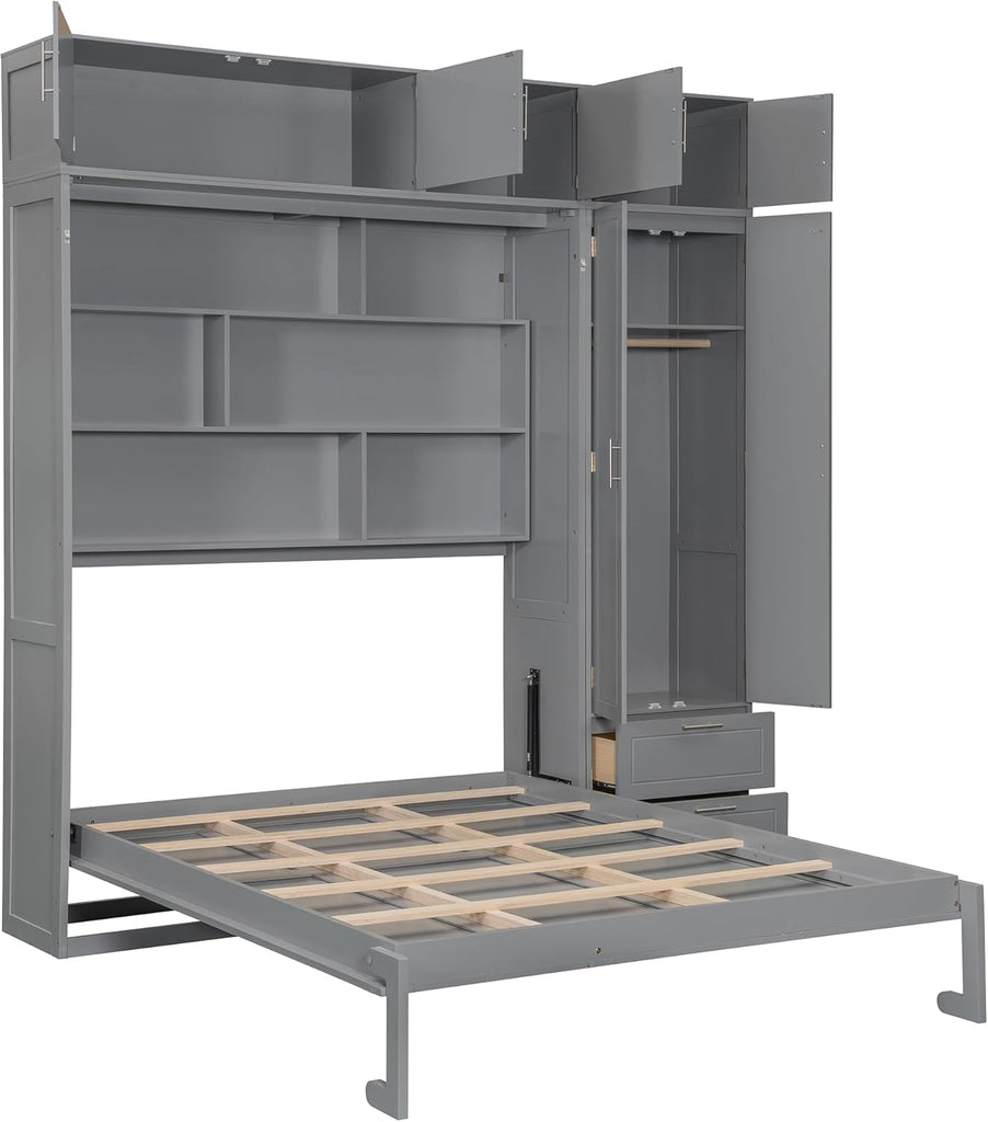 Queen Murphy Bed with Shelves, Top Cabinet and Wardrobe, Fold into The Wall, Multifunctional Foldable Platform Bed