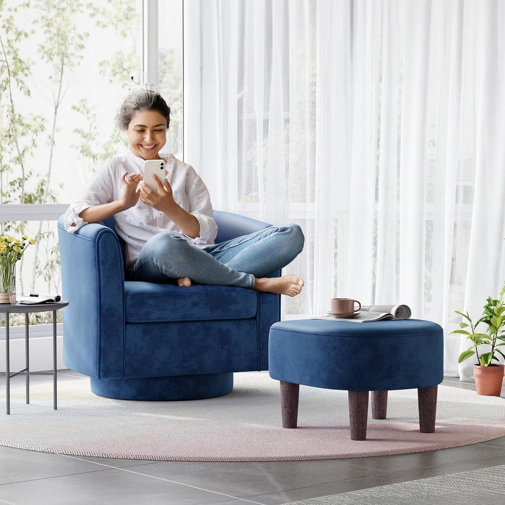 Swivel Accent Chair with Ottoman: Small Velvet Barrel Chair 360 Swivel Modern Armchair, Upholstered Reading Chair