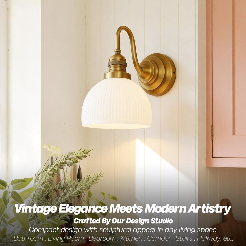 Brass Gold Wall Sconce Vintage Milk Glass Bathroom Vanity Light | Bathroom Wall Sconces,Antique Brass,Thick