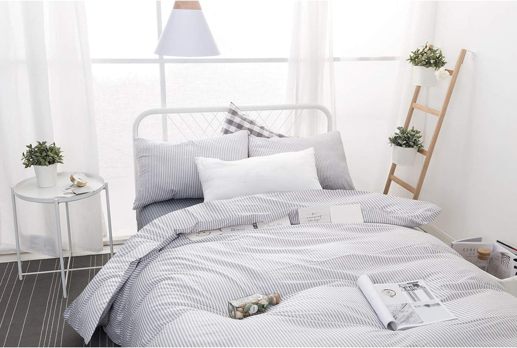 Striped Cotton Duvet Cover Set, Ticking Stripe Pinstripe Farmhouse, 100% Cotton Bedding Set, 3 Pieces, Gray White