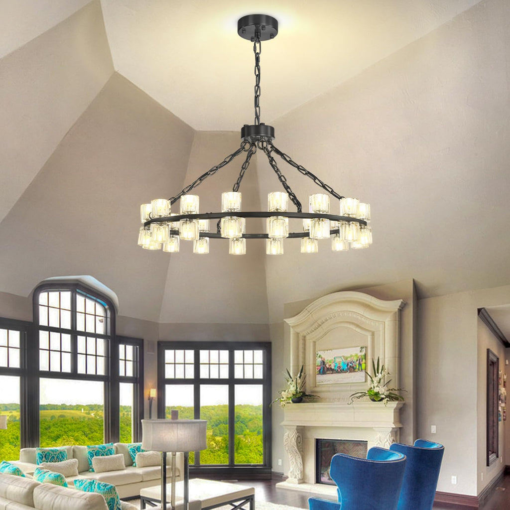 Inspired Arcachon Style Round Wagon Wheel Chandelier, 32" 32-Light Black, Extended 32" Chain — Foyer, Dining & Living Room
