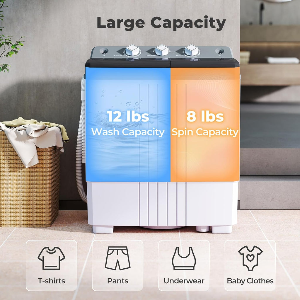 Portable Washing Machine, 20 LBS Washer & Spinner Combo with Built-in Drain Pump & Time Control, Compact Twin Tub 12