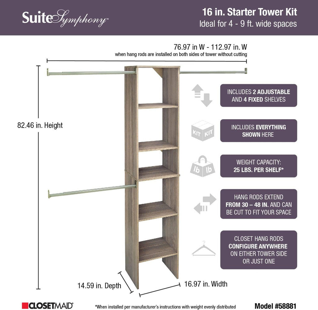 SuiteSymphony Wood Closet Organizer Starter Kit with Tower and 3 Hang Rods, Shelves, Adjustable, Fits Spaces 4 - 9