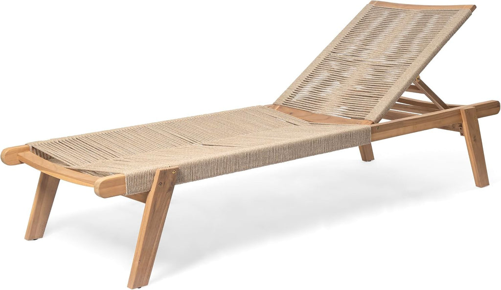 Set of 4 Outdoor Patio Wood Adjustable Chaise Lounges with Rope Seating, Rope Chaise Lounge with Acacia Wood