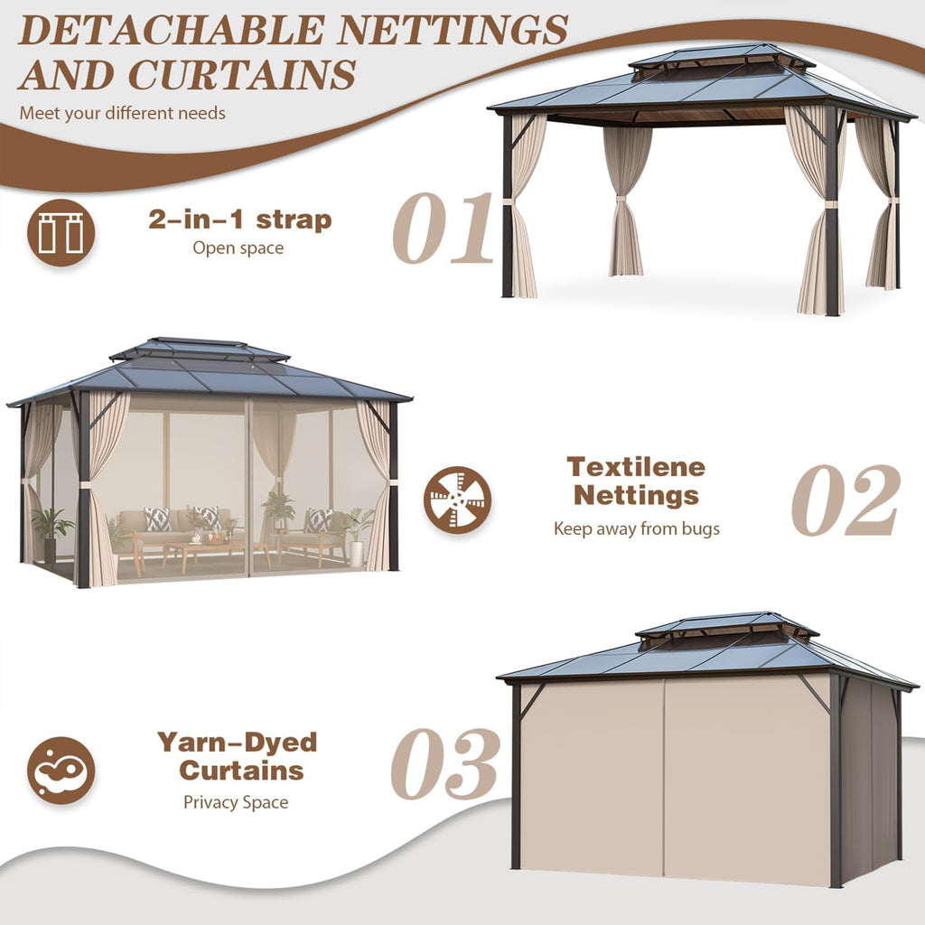 10' x 13' Gazebo Polycarbonate Double Roof Canopy Outdoor Aluminum Frame Pergola
