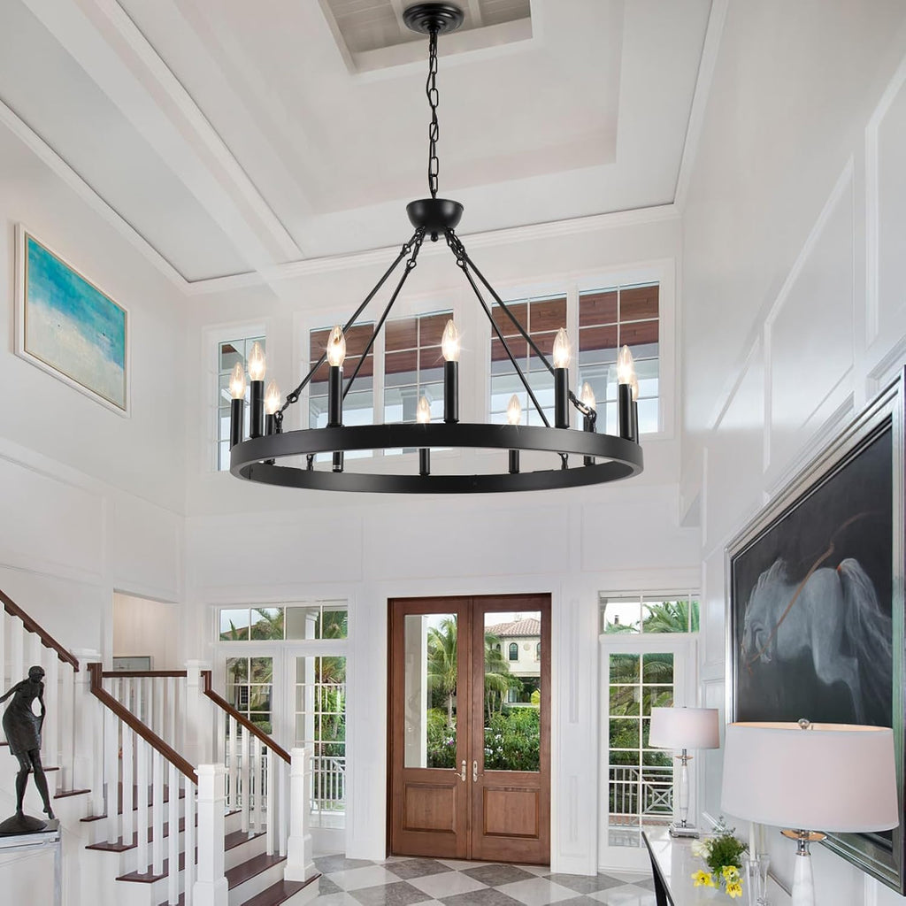 Inspired Camino Style Chandelier - Wagon Wheel Chandelier 32" 12-Light, Round Black Chandeliers Farmhouse Modern Wagon Wheel Light Fixtures, for High Ceiling Dining Living Room, Foyer, Entryway