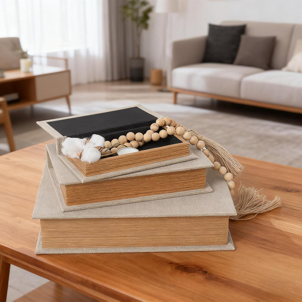 Set of 3 Linen Decorative Book Boxes with Hidden Storage - Modern Neutral Linen Fabric Faux Books for Shelf Decor