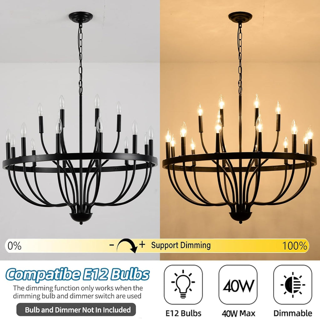 Black Chandelier 18-Light Industrial Iron Candle Chandelier Modern Suspended Farmhouse Chandeliers Pendant Light Fixtures for Dining Room Bedroom Living Room Kitchen Island Foyer E12 Bulb
