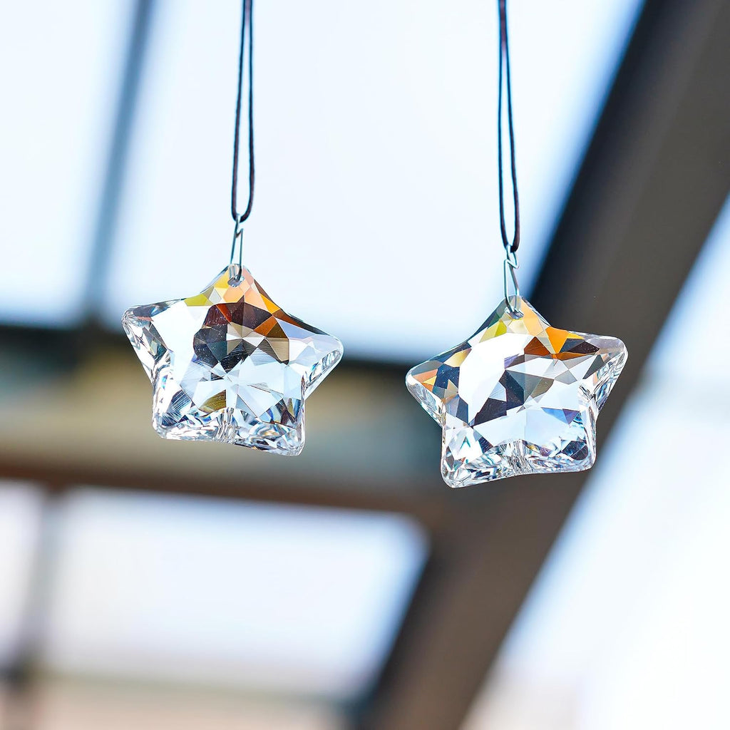 2 Pcs 2 Inch Clear Crystal Star Prism Suncatcher Hanging Decor - Clear Crystal Sun Catcher Prisms Star Shaped Hanging