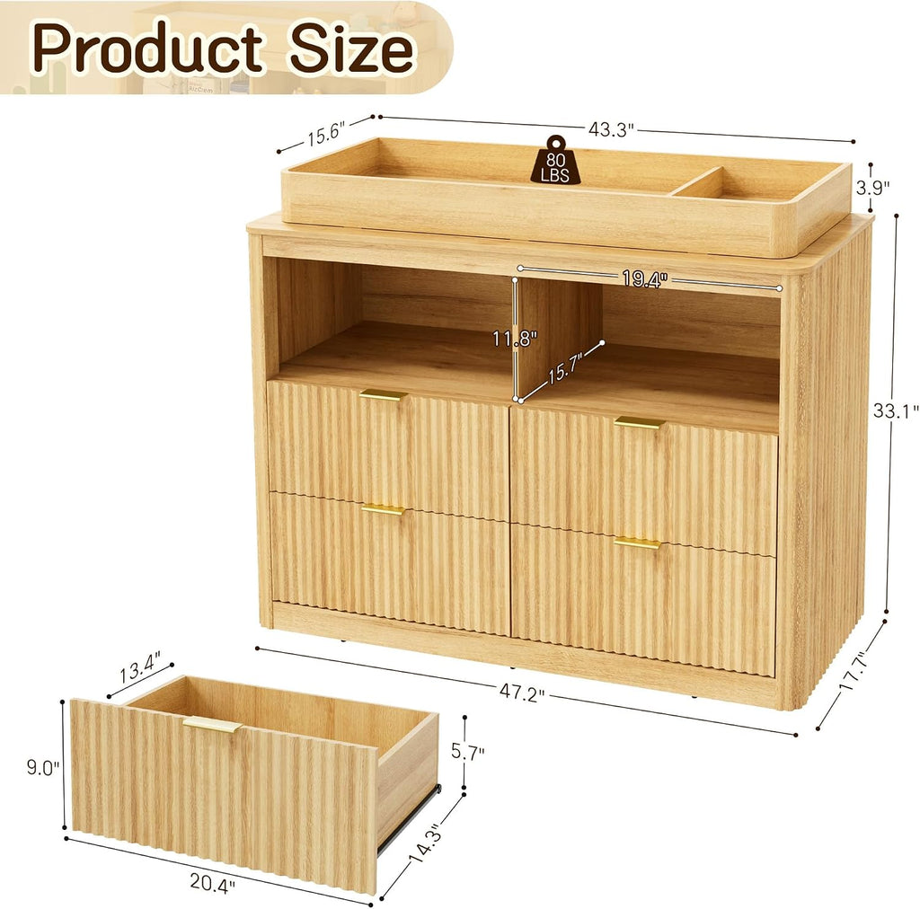 Changing Table Dresser, 4 Large Drawers Wood Baby Nursery Dresser with Raised and Detachable Changing Table Top