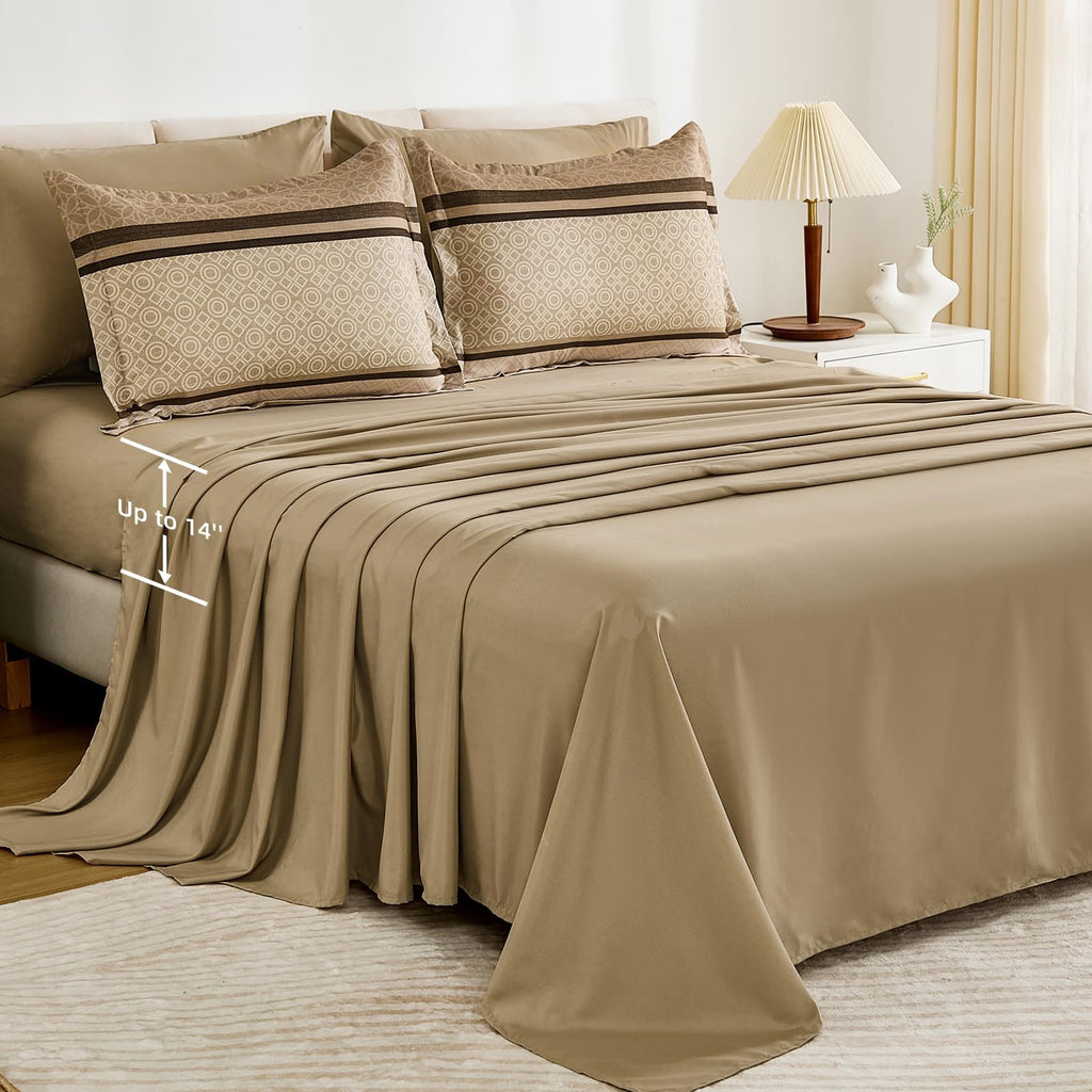 7 Pieces Comforter Set King Size, Brown Striped Fall Winter Bed in a Bag Comforter, Minimalist Geometric Bohemian