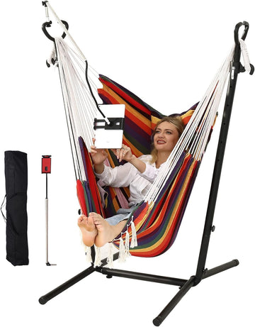 Hammock Chair with Stand Double Hammock Chair Bohemian Style with Tassel Mobile Phone Support Manual Adjustable Swing