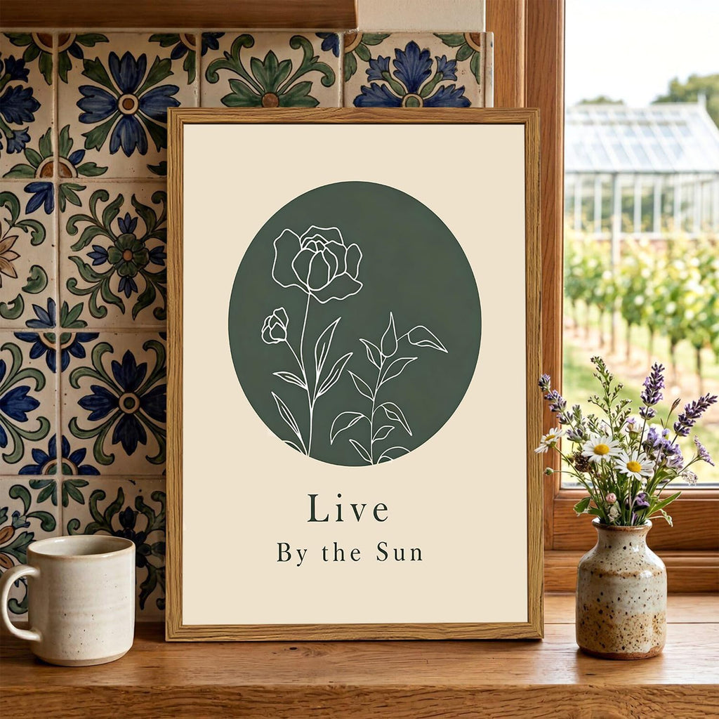 Framed Boho Sun and Moon Wall Art Set of 2, Sage Green Floral Line Pictures Wall Decor, Minimalist Quotes Paintings
